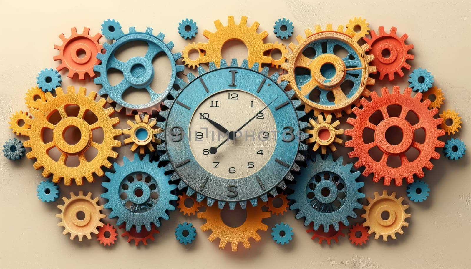 A beautifully designed clock is surrounded by an array of colorful gears mounted on a decorative wall