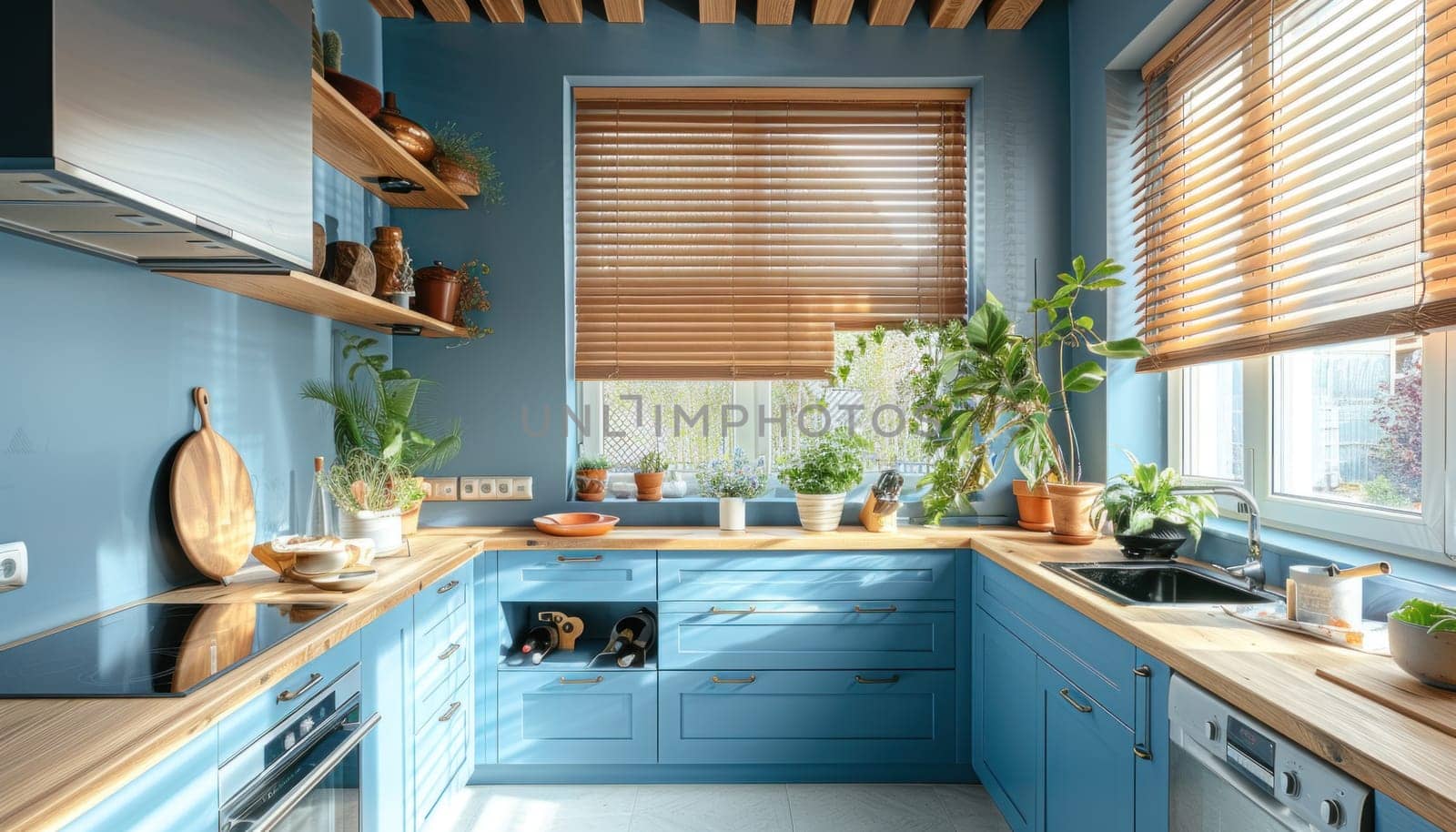 A beautiful kitchen featuring blue cabinets and stylish wooden countertops that enhance the overall design