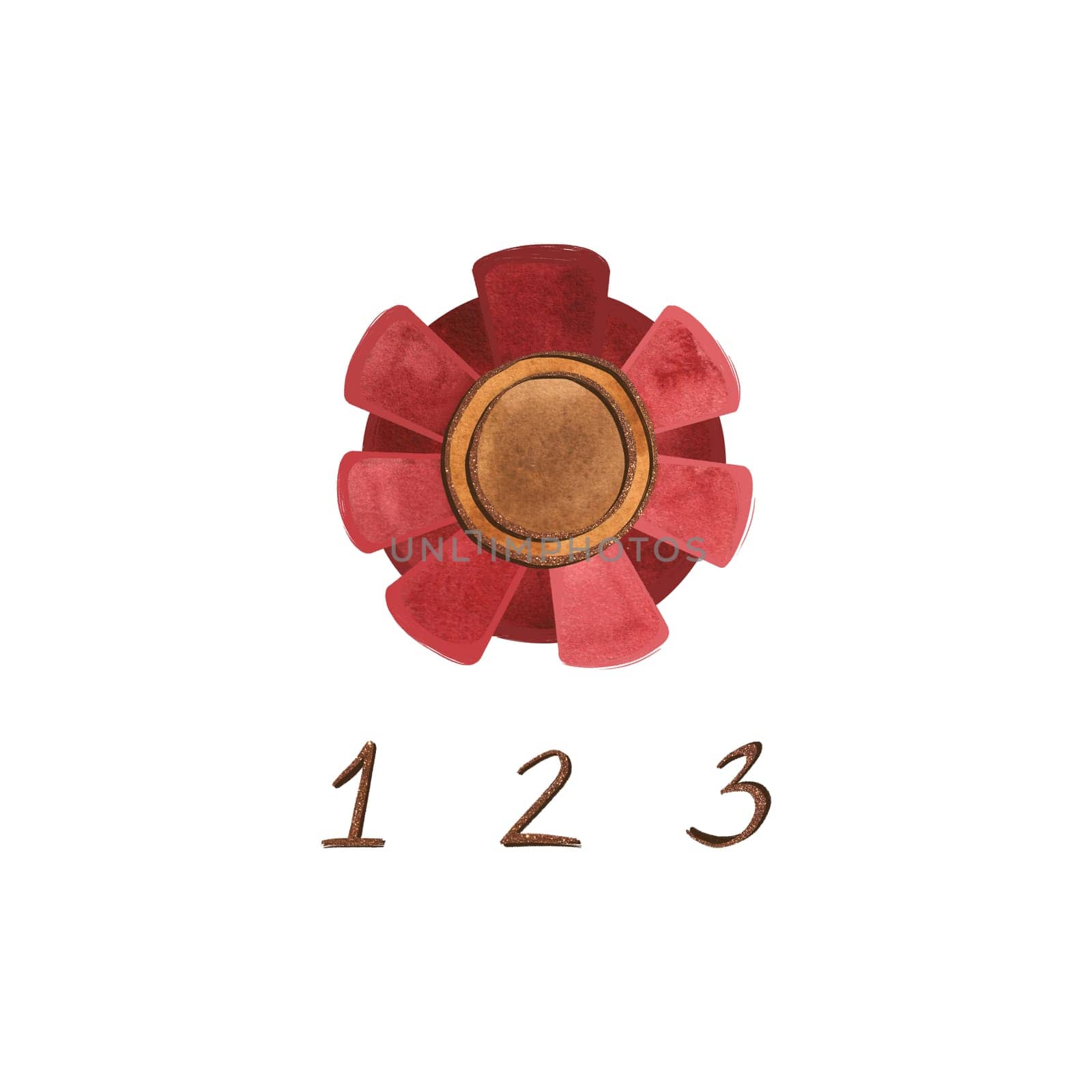 A gold plated medal with a red ribbon border for the winner of a competition or exhibition. Symbol of good luck and achievement, prize, reward. Isolated watercolor illustration on white background. Clipart.