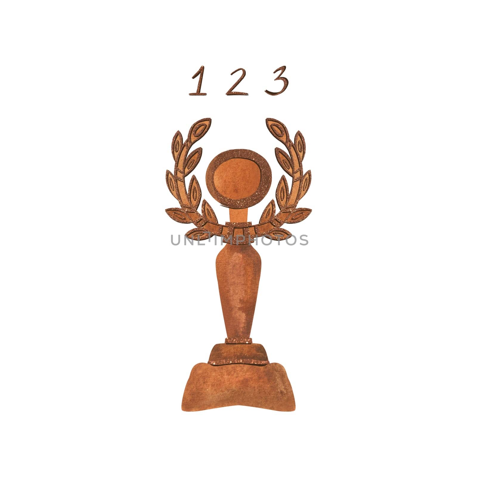 A set of shiny cup and numbers for first, second and third places. Awards for the winner of the competition. Symbol of success, good luck and achievements. Isolated watercolor illustration on white background. Clipart.