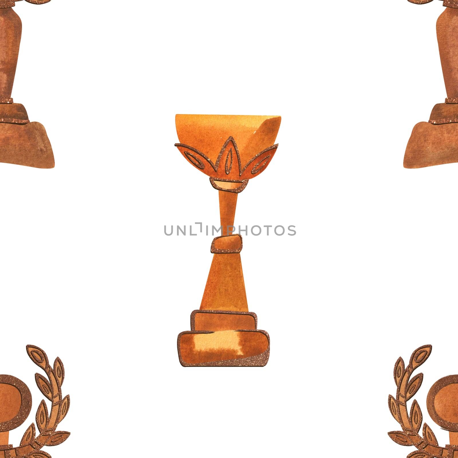 Competition winner prize: seamless pattern with sparkling cups and medals. Design of the award ceremony in watercolor