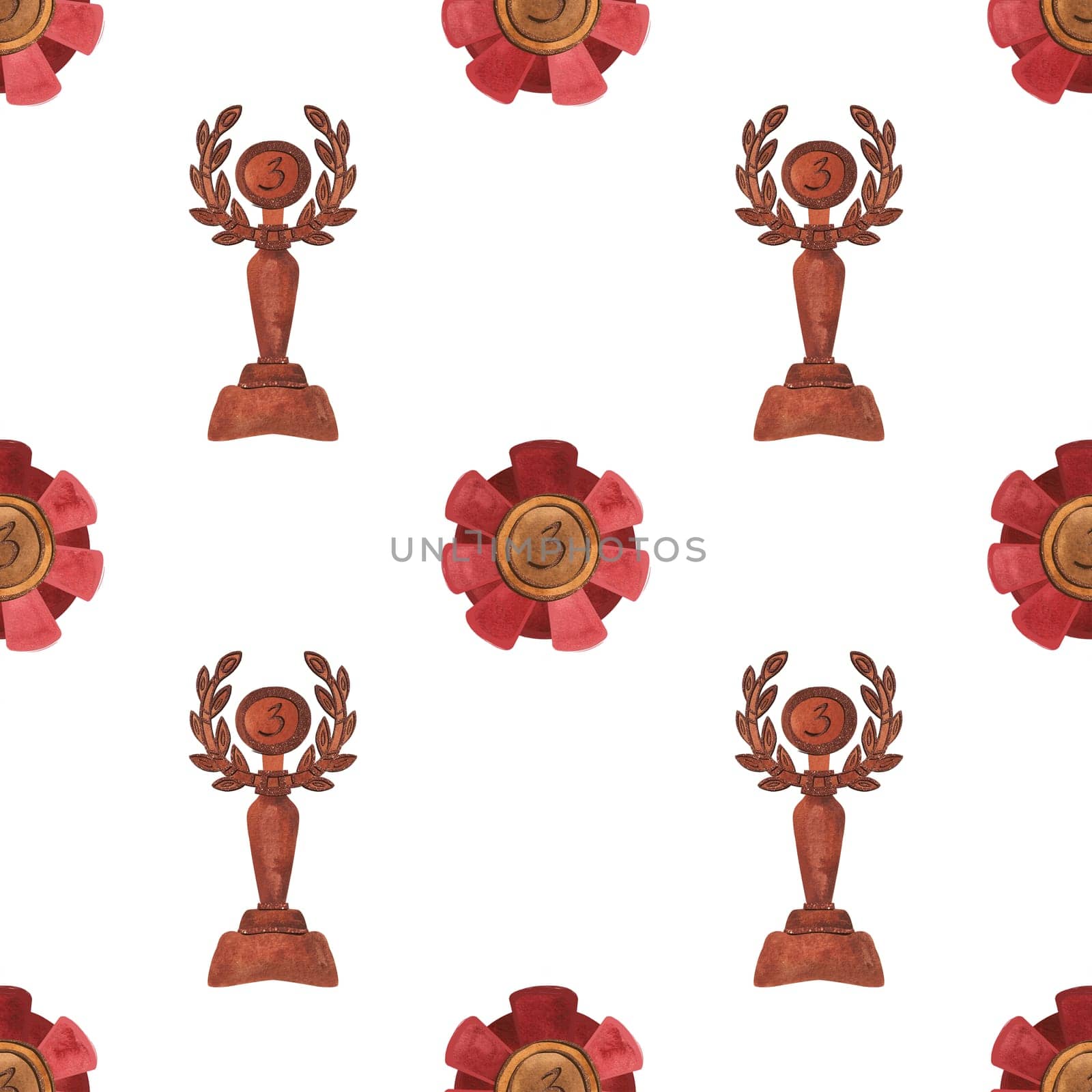Competition winner prize: seamless pattern with sparkling cups and medals. Design of the award ceremony in watercolor