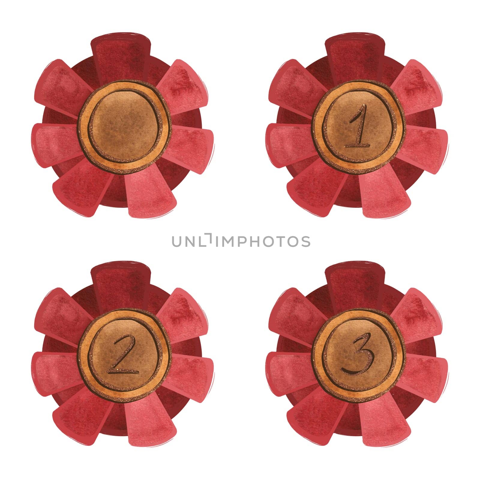 A gold plated medal with a red ribbon border for the winner of a competition or exhibition. Symbol of good luck and achievement, prize, reward. Isolated watercolor illustration on white background. Clipart.