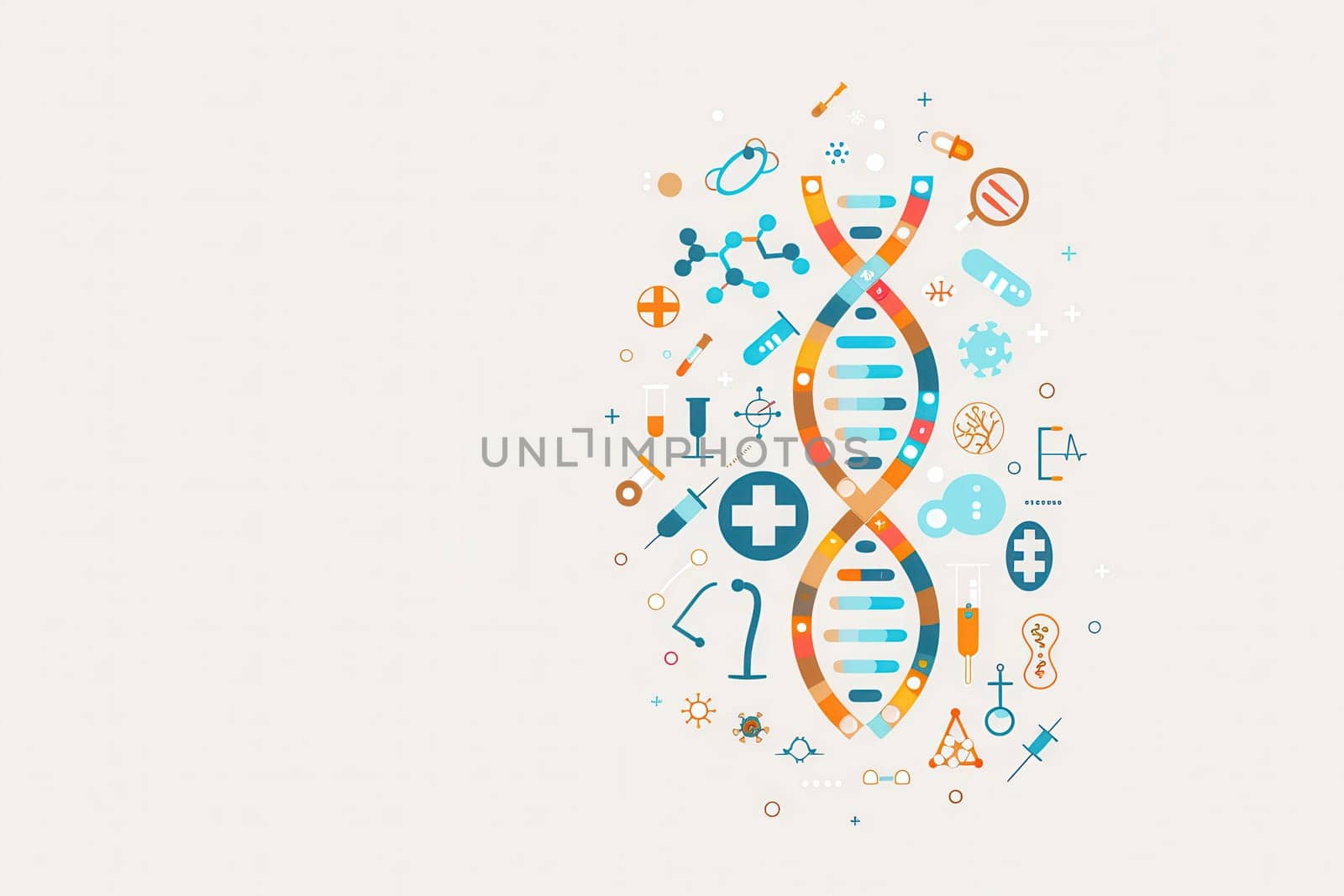 A double helix DNA strand is surrounded by various medical icons, including microscopes, test tubes, and stethoscopes, symbolizing advancements in healthcare.