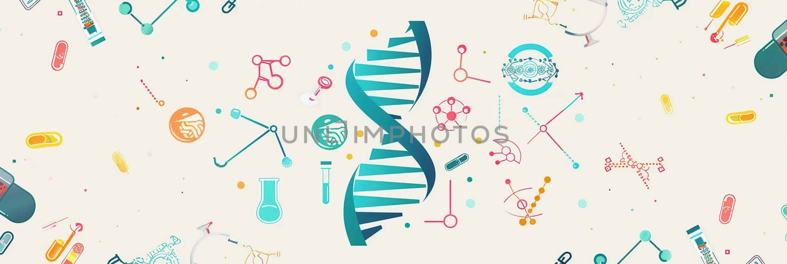 A double helix DNA strand is surrounded by various medical icons like microscopes and test tubes, representing the intersection of genetics and healthcare.