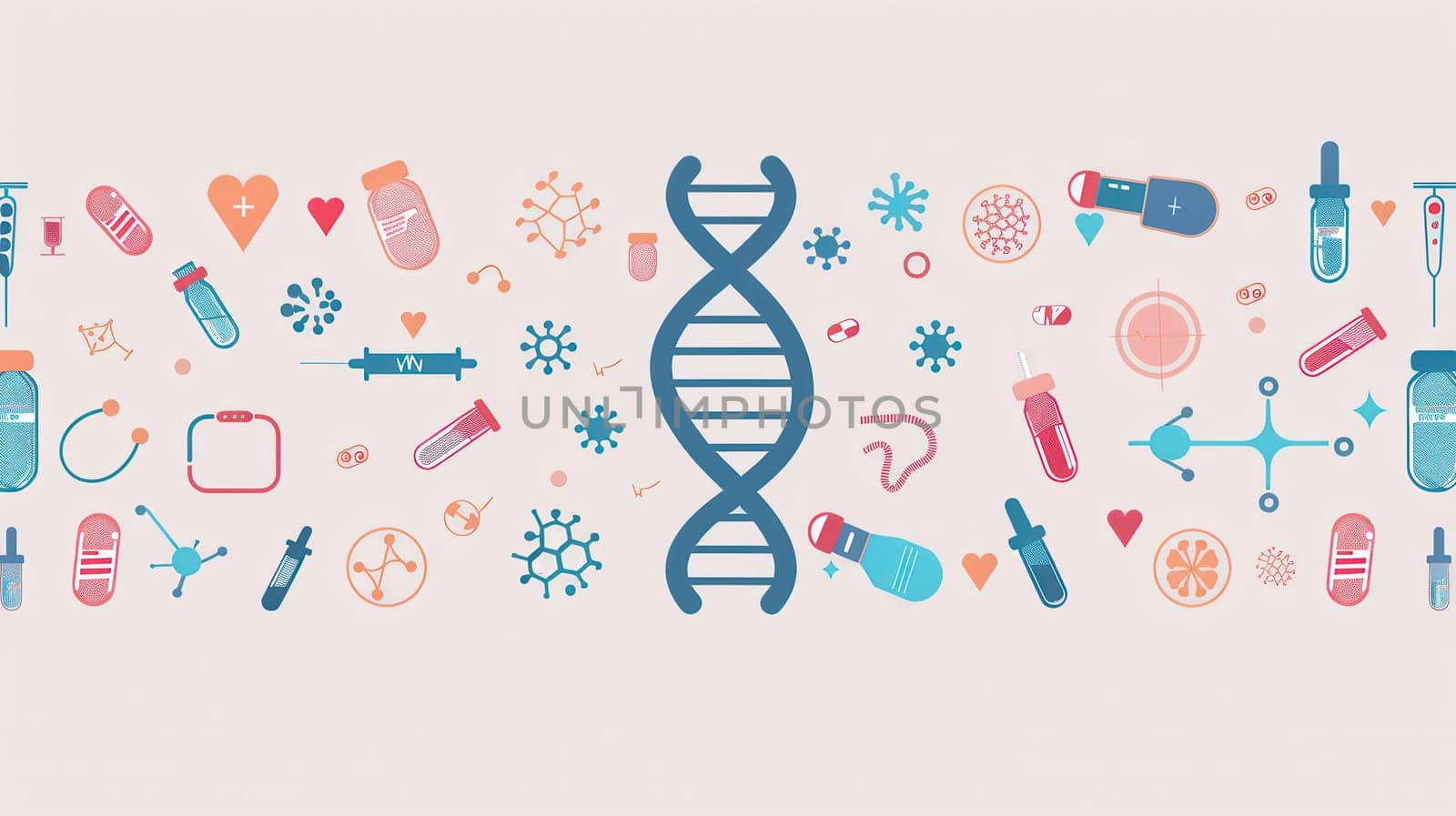 A double helix DNA strand is centrally displayed amidst various medical icons, symbolizing the integration of genetics and healthcare.