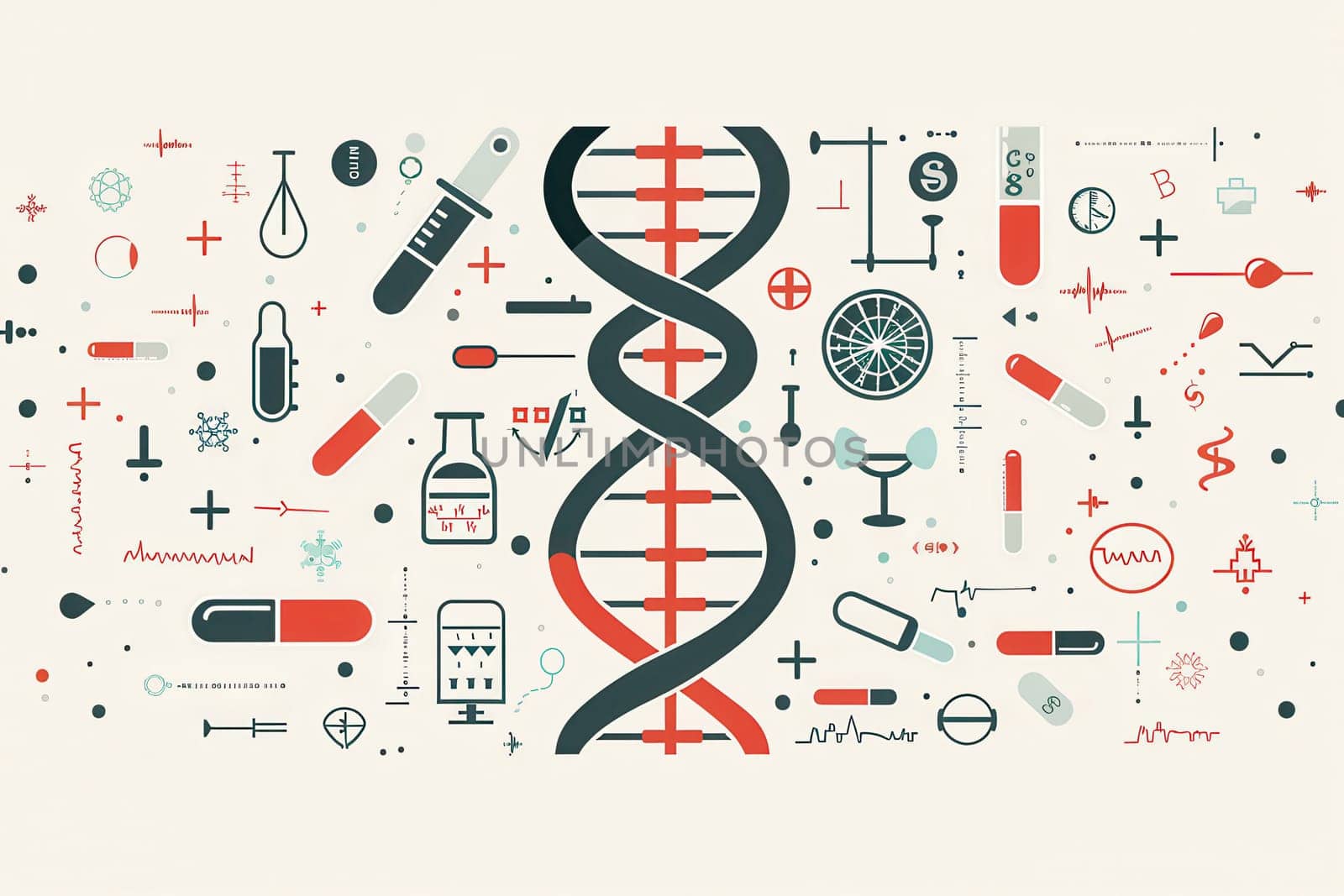A double helix DNA strand is central, surrounded by various medical icons like microscopes, test tubes, and stethoscopes representing scientific research.