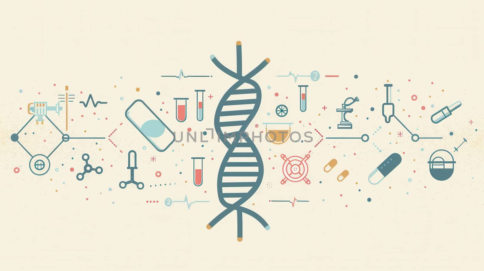 A double helix DNA strand is encircled by medical symbols like microscopes, test tubes, and stethoscopes, showcasing advancements in health science and research.