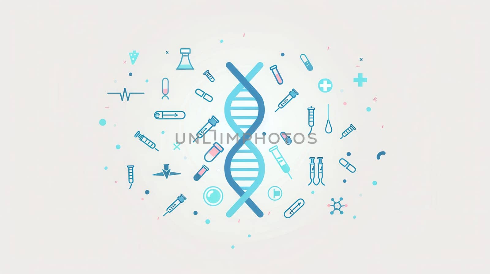 A double helix DNA strand is surrounded by various medical icons, including microscopes, test tubes, and stethoscopes, highlighting the connection between genetics and healthcare.