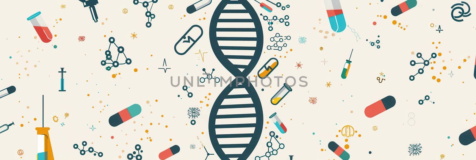 A double helix DNA strand is surrounded by various medical icons, including microscopes, test tubes, and stethoscopes, illustrating genetic research and healthcare.