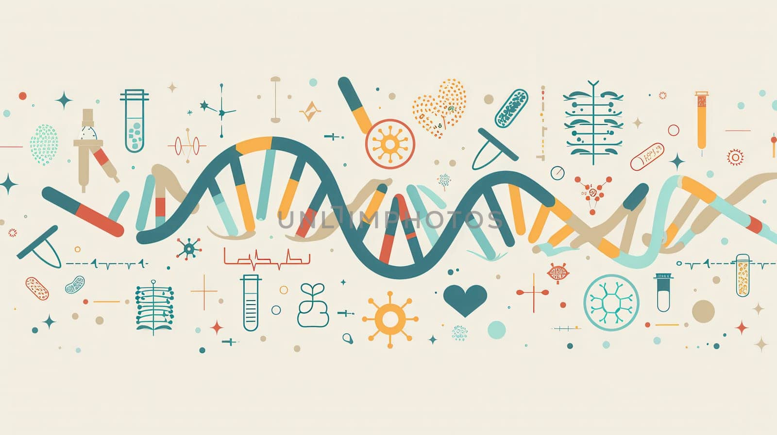 A double helix DNA strand is featured among various medical icons including microscopes, test tubes, and stethoscopes.