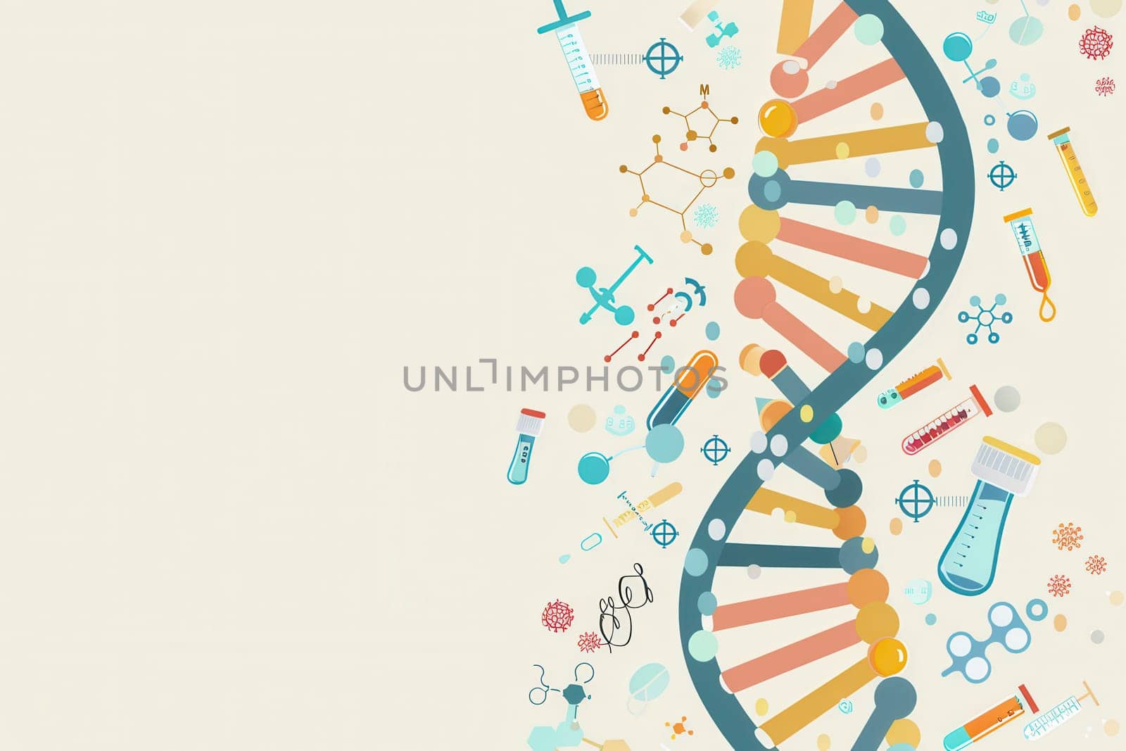 A double helix DNA strand is surrounded by medical icons like microscopes, test tubes, and stethoscopes, illustrating the connection between genetics and medicine.
