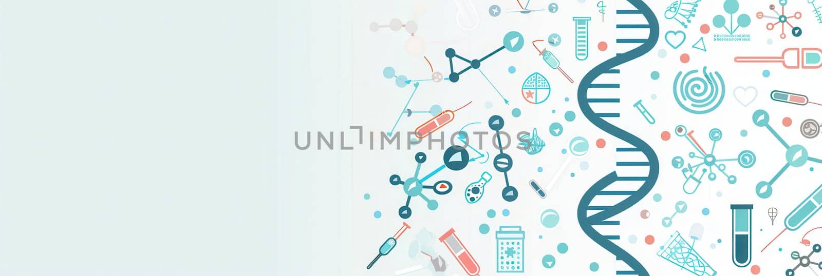 A double helix DNA strand is presented with various medical icons, illustrating the integration of biotechnology and health research.