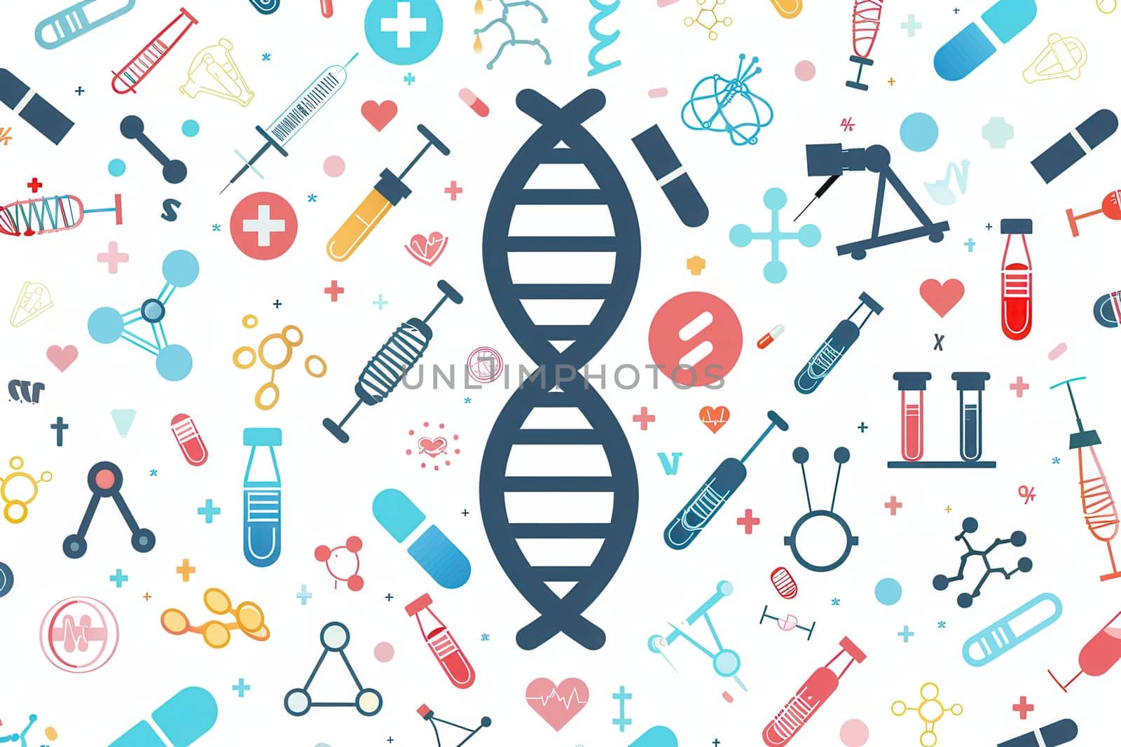 A central double helix DNA strand is surrounded by various medical icons like microscopes, test tubes, and stethoscopes in a vibrant display.