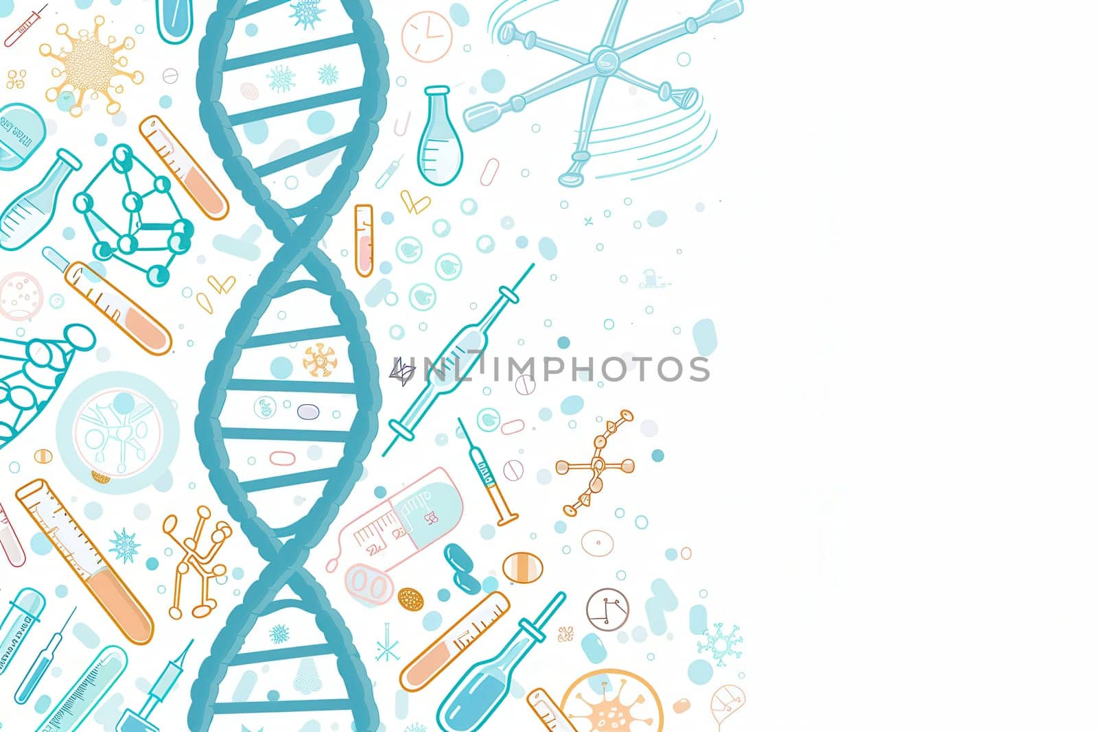 A double helix DNA strand is surrounded by various medical icons, including microscopes, test tubes, and stethoscopes, illustrating advances in health sciences.