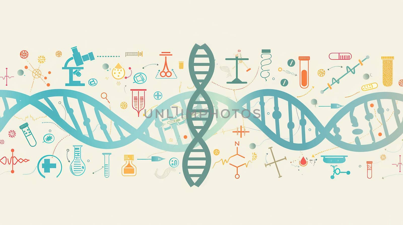 DNA strand is illustrated with medical icons like microscopes, test tubes, and stethoscopes reflecting the advancements in health and medical research.