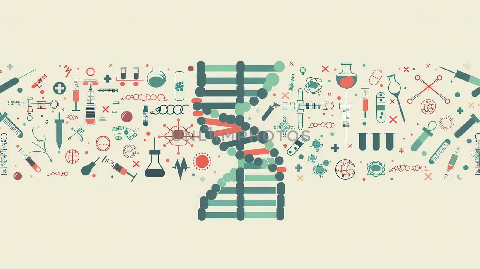 A double helix DNA strand is illustrated with various medical icons like microscopes, test tubes, and stethoscopes, showcasing advancements in healthcare.