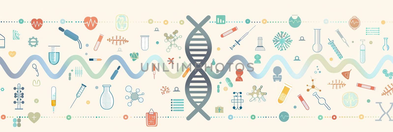 A double helix DNA strand is depicted at the center, surrounded by medical icons, including microscopes, test tubes, and stethoscopes, representing genetic research.