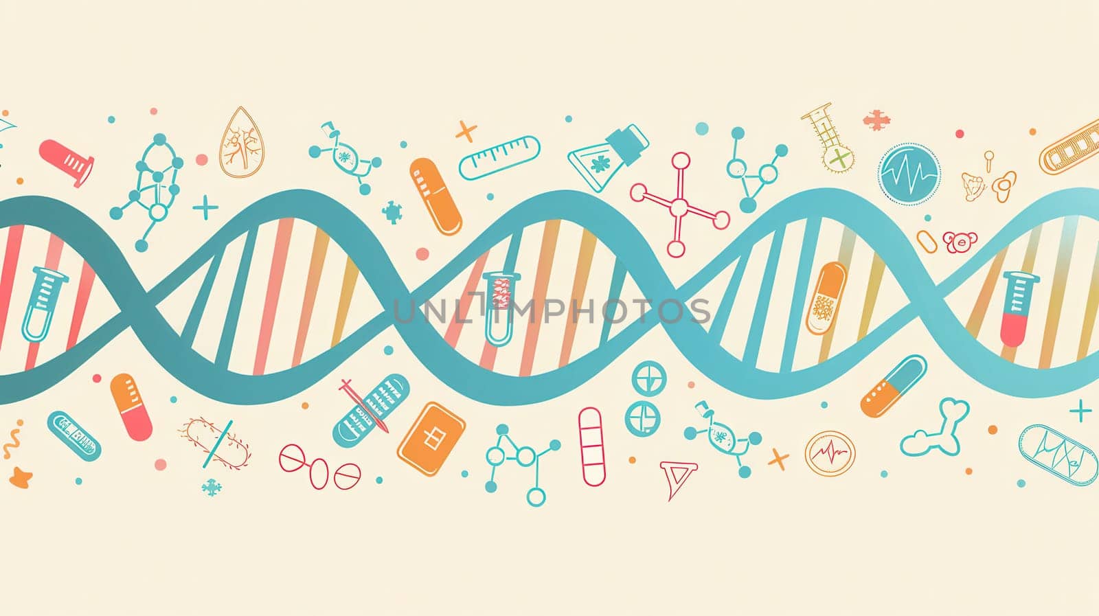 A double helix DNA strand is interwoven with various medical icons, including microscopes, test tubes, and stethoscopes, showcasing a blend of science and health.