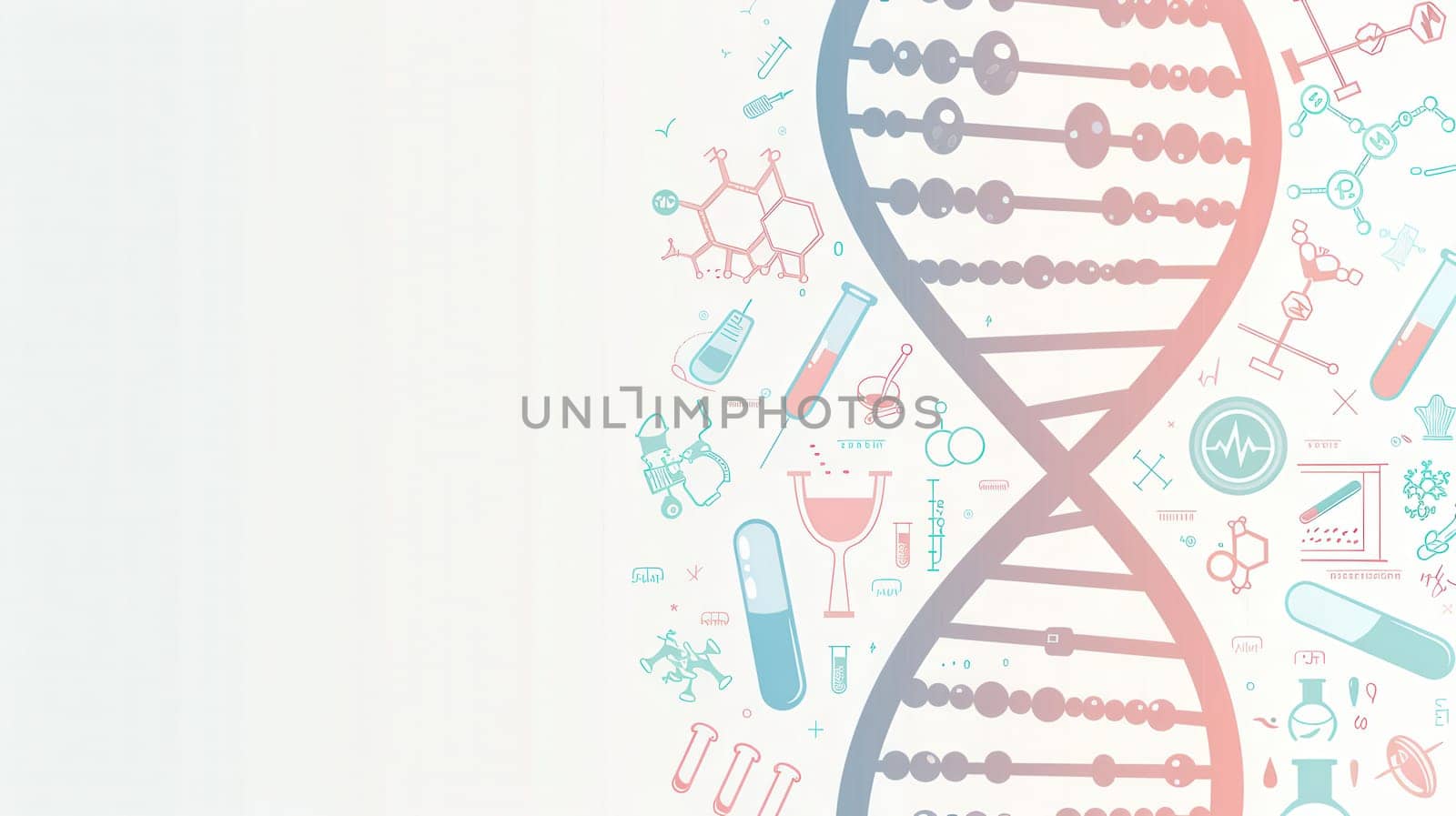 A double helix DNA strand is illustrated with various medical and scientific icons, reflecting the integration of genetics in healthcare and research.