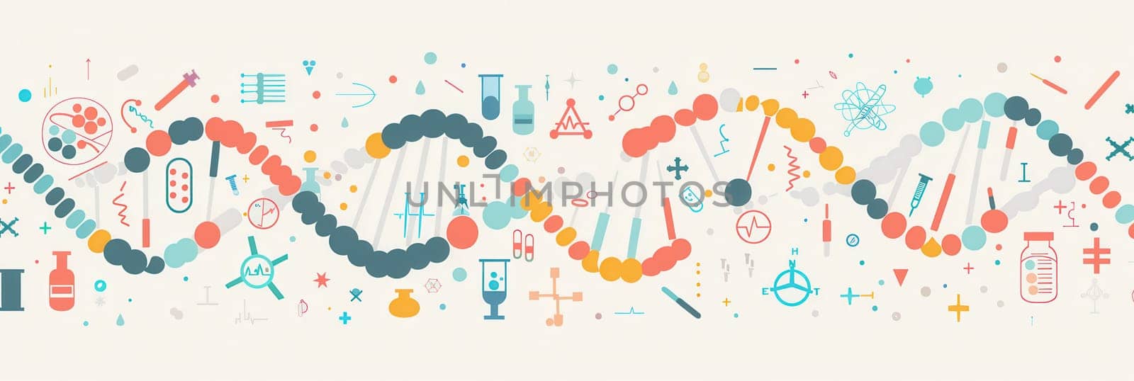 A double helix DNA strand is surrounded by various medical icons, including microscopes and test tubes, illustrating the intersection of genetics and healthcare.