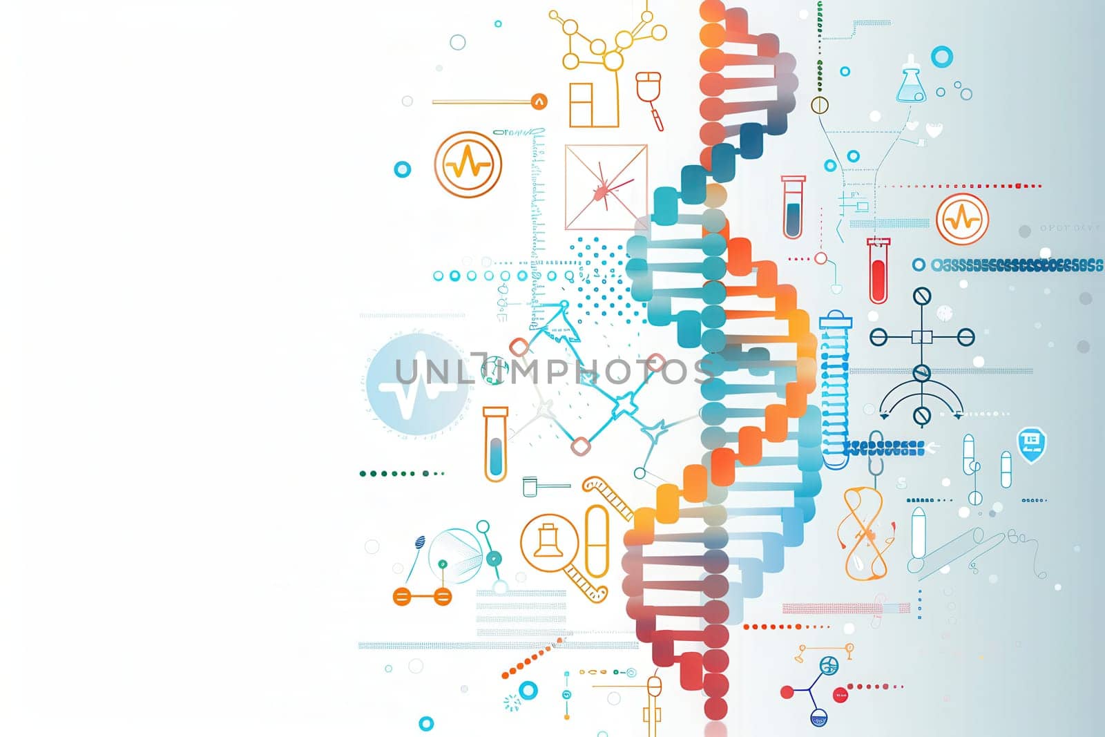 A double helix DNA strand is prominently displayed alongside various medical icons, illustrating the integration of genetics and healthcare.