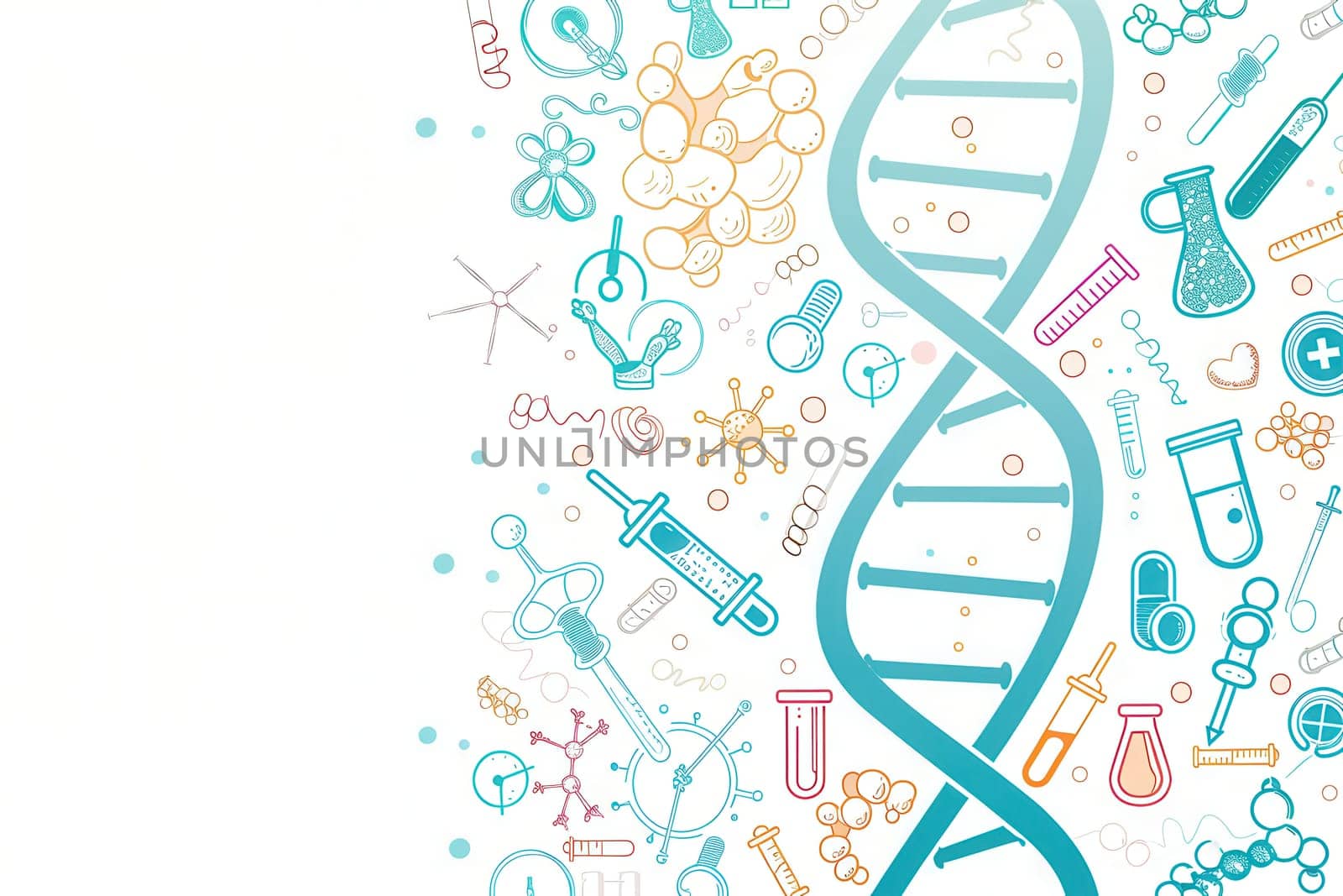 A double helix DNA strand is surrounded by various medical icons, including microscopes, test tubes, and stethoscopes, highlighting themes of health and science.