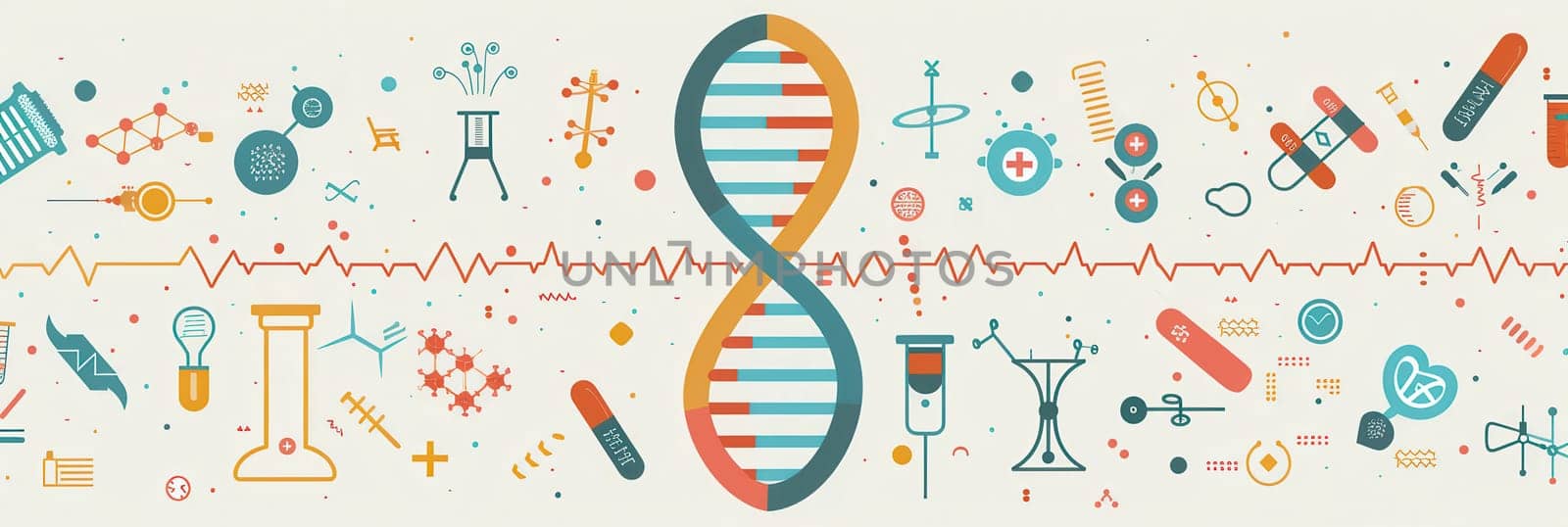 A double helix DNA strand is surrounded by medical icons including microscopes, test tubes, and stethoscopes representing advancements in genetic research.