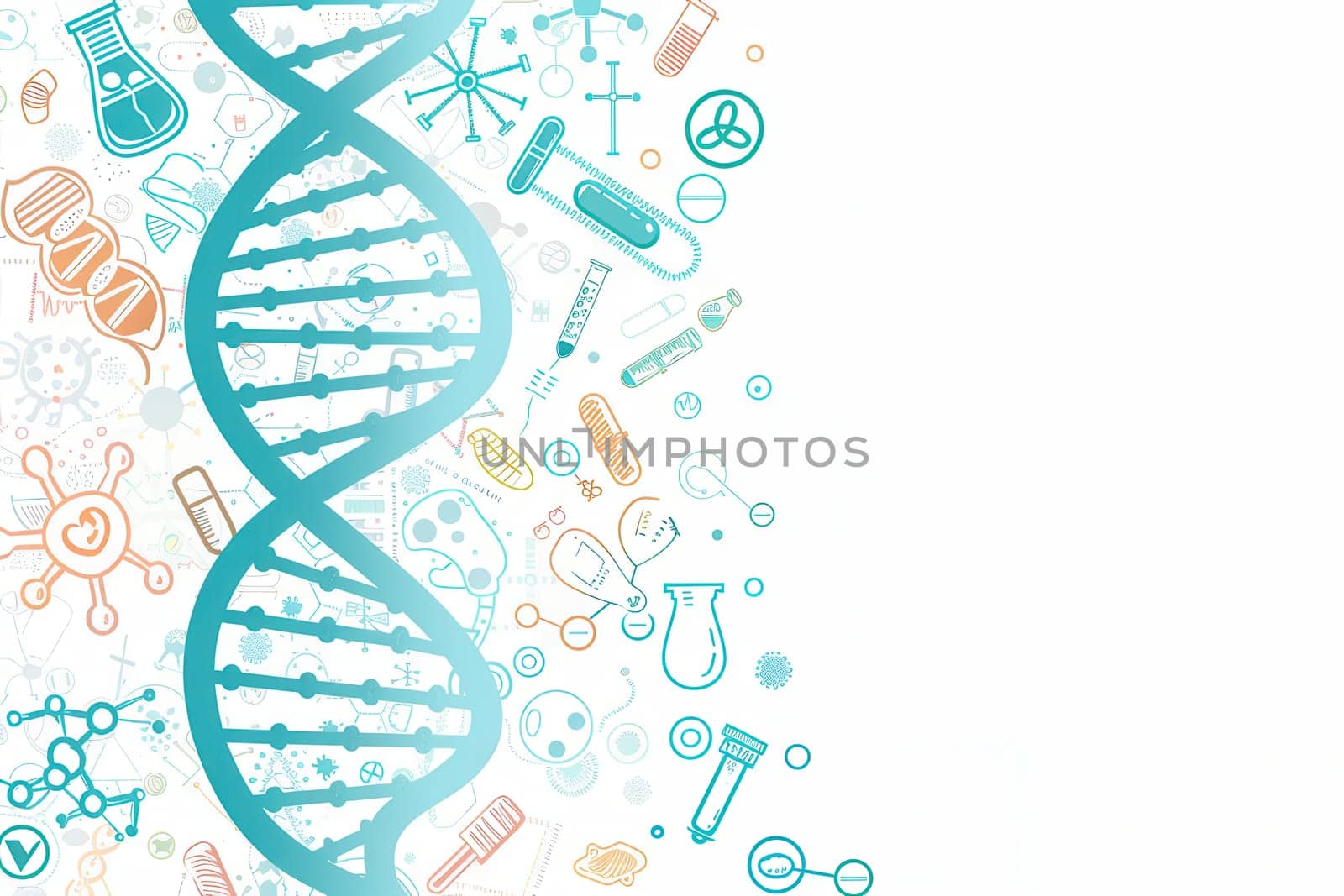 A DNA double helix is surrounded by various medical icons, highlighting the connection between genetics and healthcare advancements.