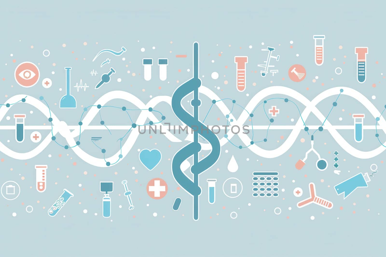 A double helix DNA strand is surrounded by various medical icons including microscopes, test tubes, and stethoscopes, highlighting the fusion of science and healthcare.