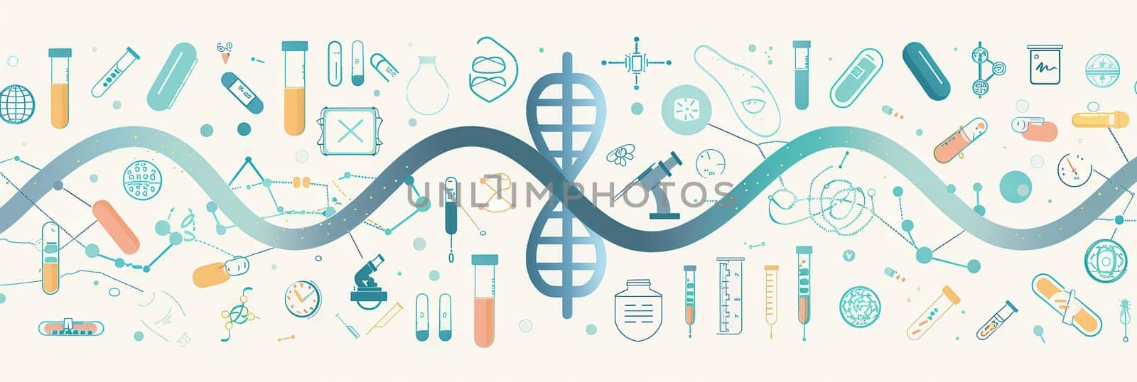 A DNA double helix is surrounded by various medical symbols representing scientific research and healthcare tools.