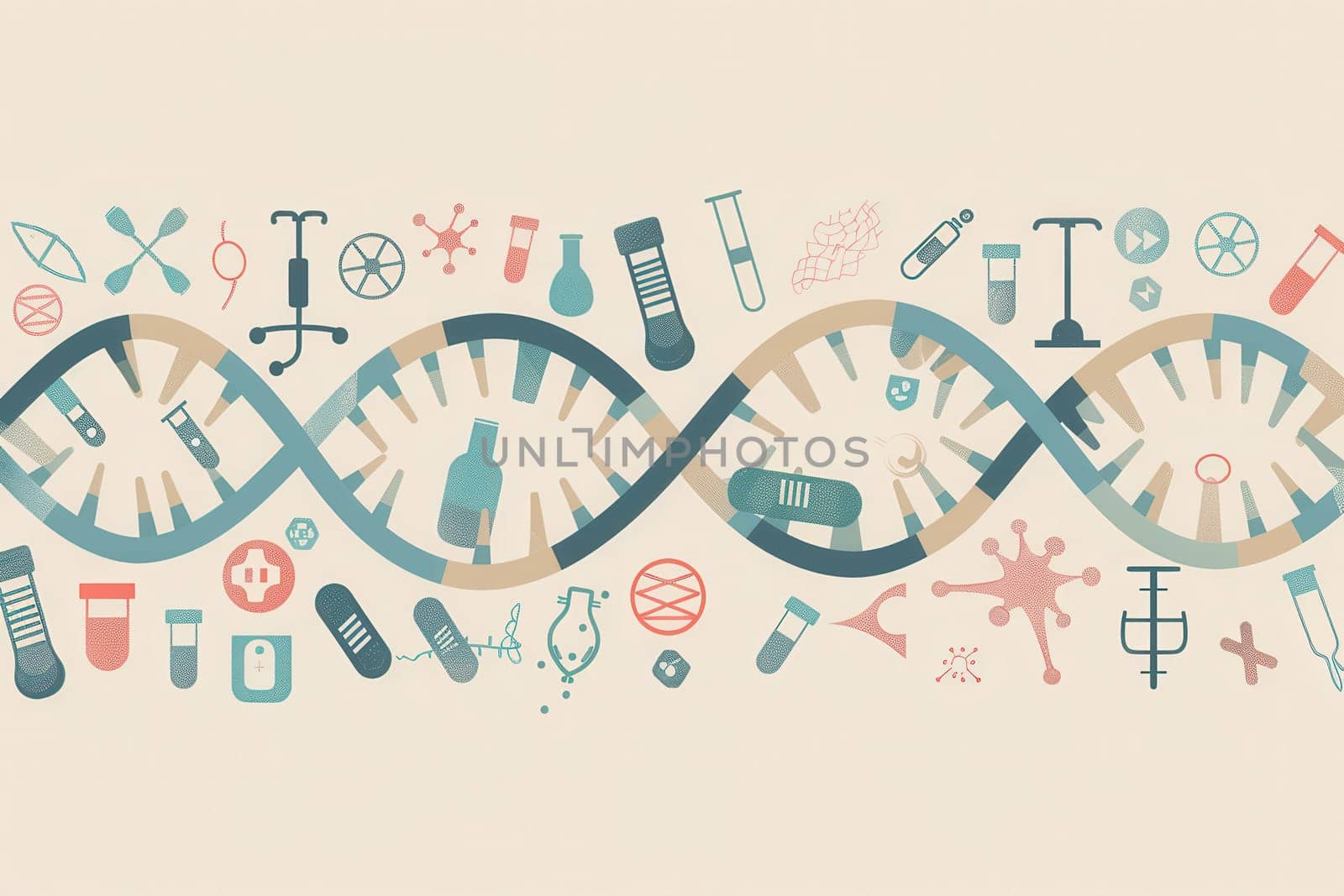 A double helix DNA strand is illustrated amid various medical icons, including microscopes and test tubes, highlighting the intersection of genetics and healthcare.