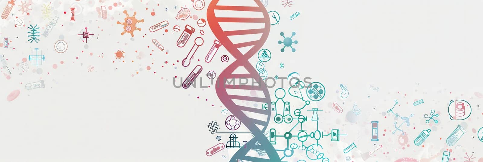 A detailed double helix DNA strand is surrounded by various medical icons, including microscopes, test tubes, and stethoscopes, illustrating biomedical research.