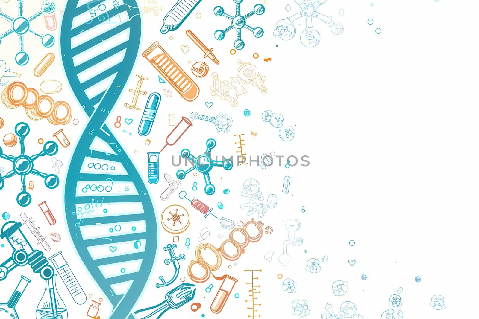A vibrant double helix DNA strand is surrounded by various medical icons like microscopes, test tubes, and stethoscopes, symbolizing scientific exploration in health.