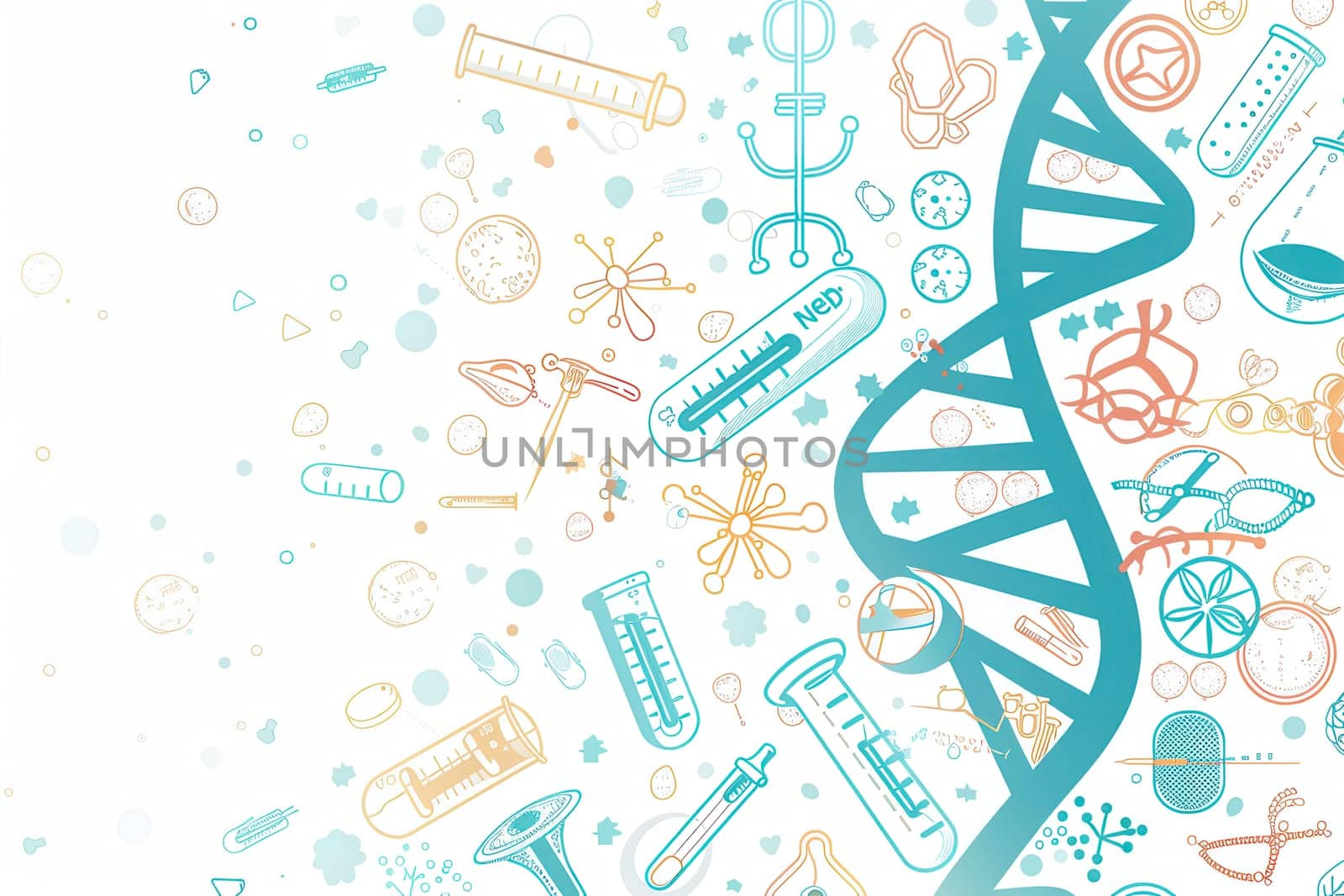 A double helix DNA strand is surrounded by medical icons such as microscopes, test tubes, and stethoscopes, illustrating the connection between genetics and healthcare.