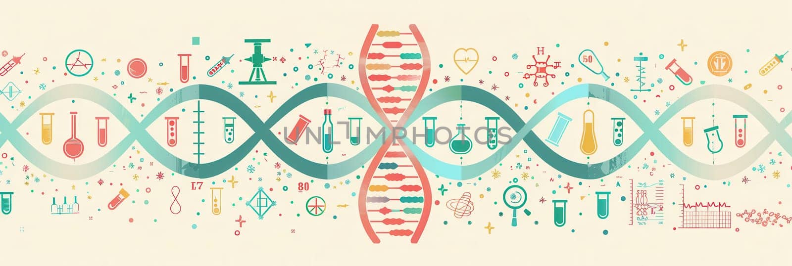 A double helix DNA strand is surrounded by various medical icons including microscopes, test tubes, and stethoscopes in a laboratory setting.