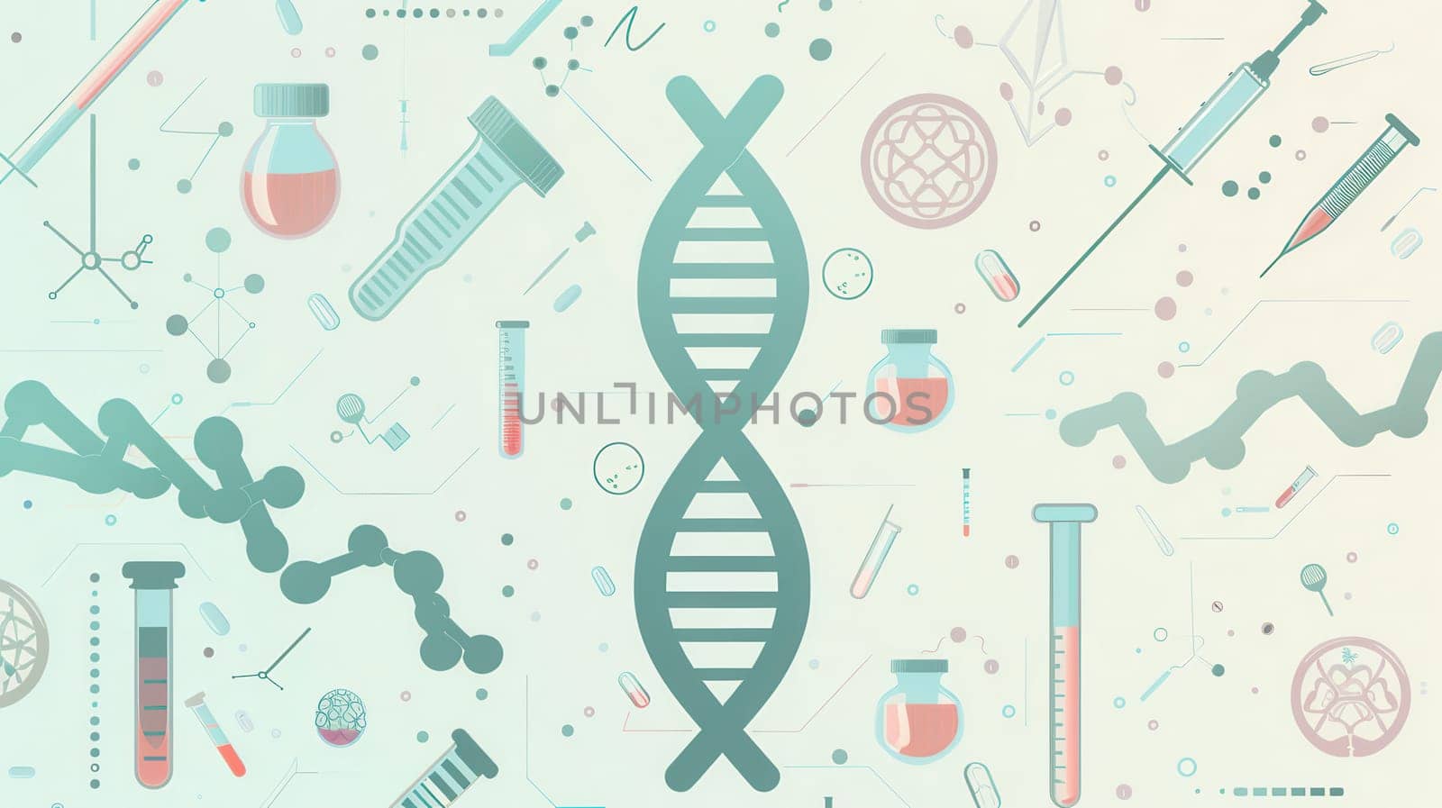 A central DNA strand is encircled by icons like microscopes, test tubes, and stethoscopes, showcasing the connection between genetics and medical research.