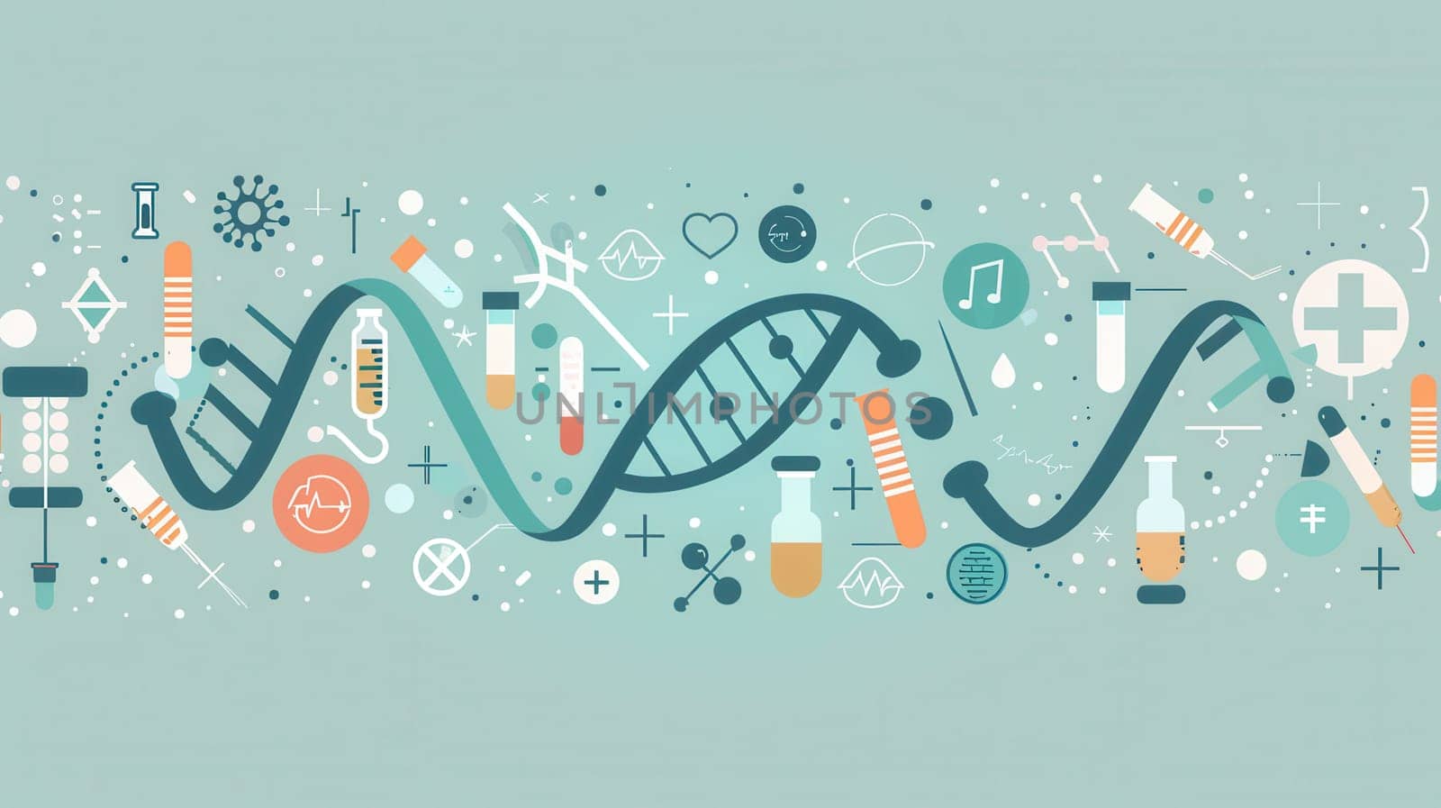 A double helix DNA strand is surrounded by various medical icons representing advancements in health and scientific research.