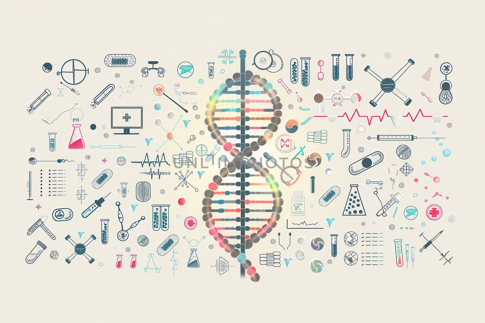 A double helix DNA strand surrounded by medical icons like test tubes, microscopes, and stethoscopes representing scientific research and healthcare.