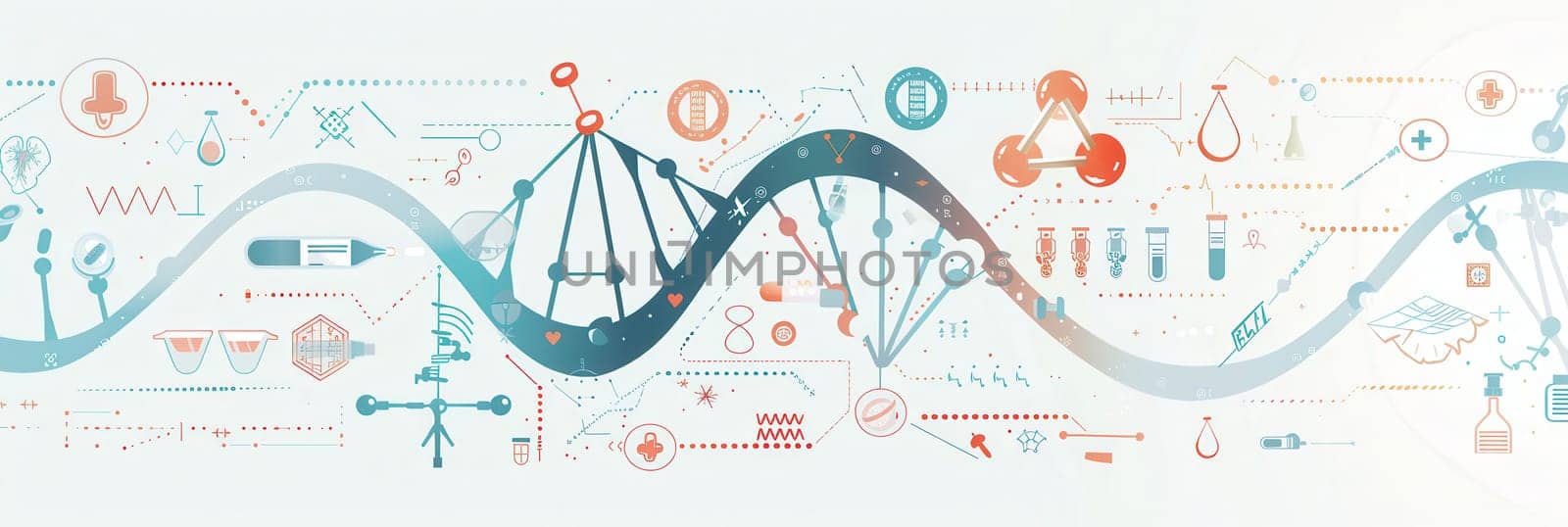 A double helix DNA strand is illustrated alongside various medical icons representing research tools and healthcare advancements.