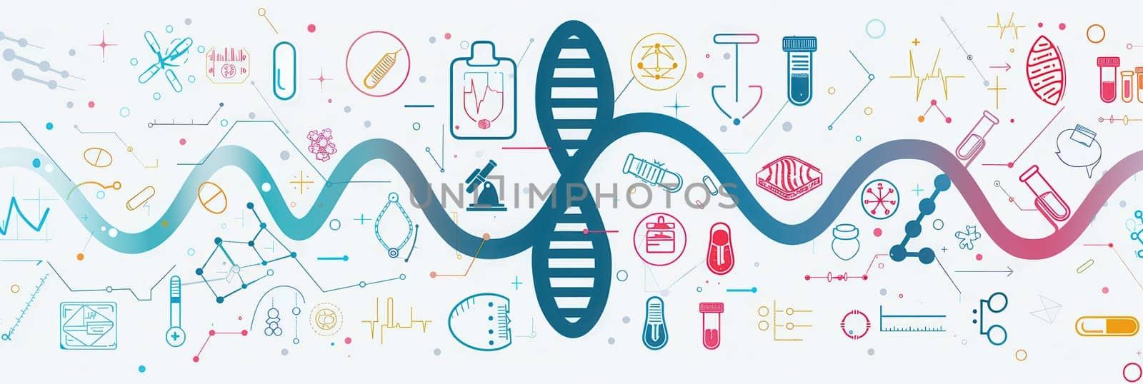 A double helix DNA strand is prominently displayed, surrounded by various medical icons like microscopes, test tubes, and stethoscopes.
