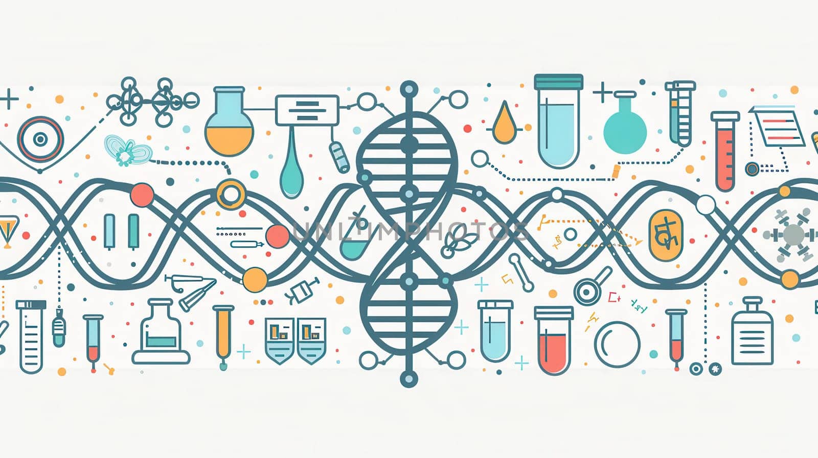 A double helix DNA strand is prominently displayed, surrounded by various medical icons like microscopes and test tubes, representing advancements in healthcare.