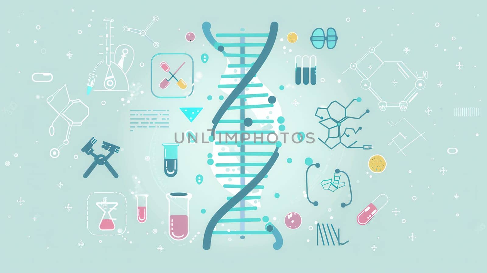 A double helix DNA strand is highlighted amidst various medical icons like microscopes and test tubes, showcasing the essence of genetic research and healthcare.