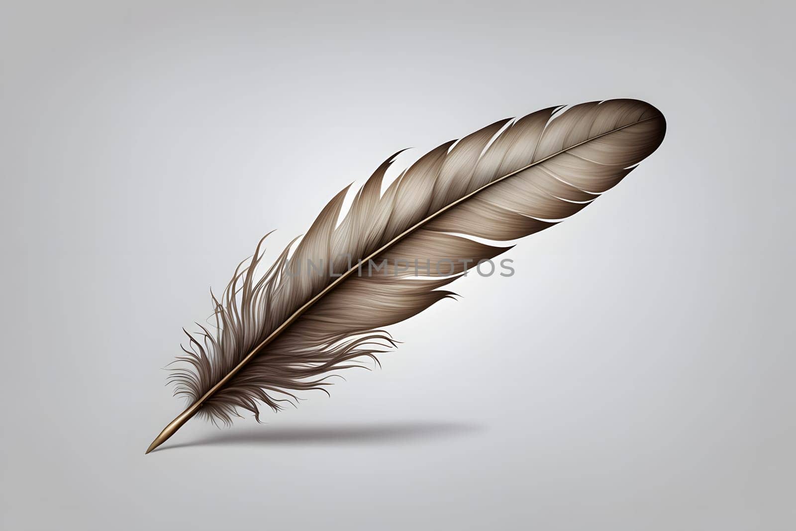 A delicate brown feather showcases its intricate fronds and soft texture, positioned gracefully against a smooth gray background. The gentle curves and fine details of the feather highlight its natural beauty, evoking a sense of tranquility and artistic inspiration.