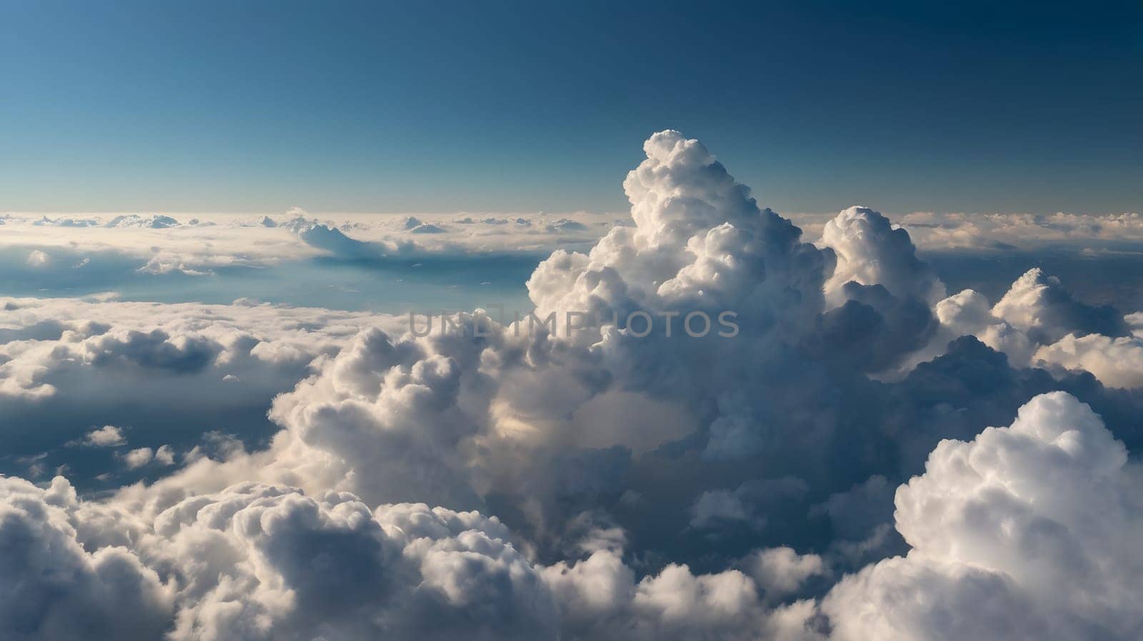 Soft, billowy clouds stretch across the sky, illuminated by the warm hues of sunrise. The peaceful atmosphere invites a sense of tranquility, showcasing nature's beauty from above.