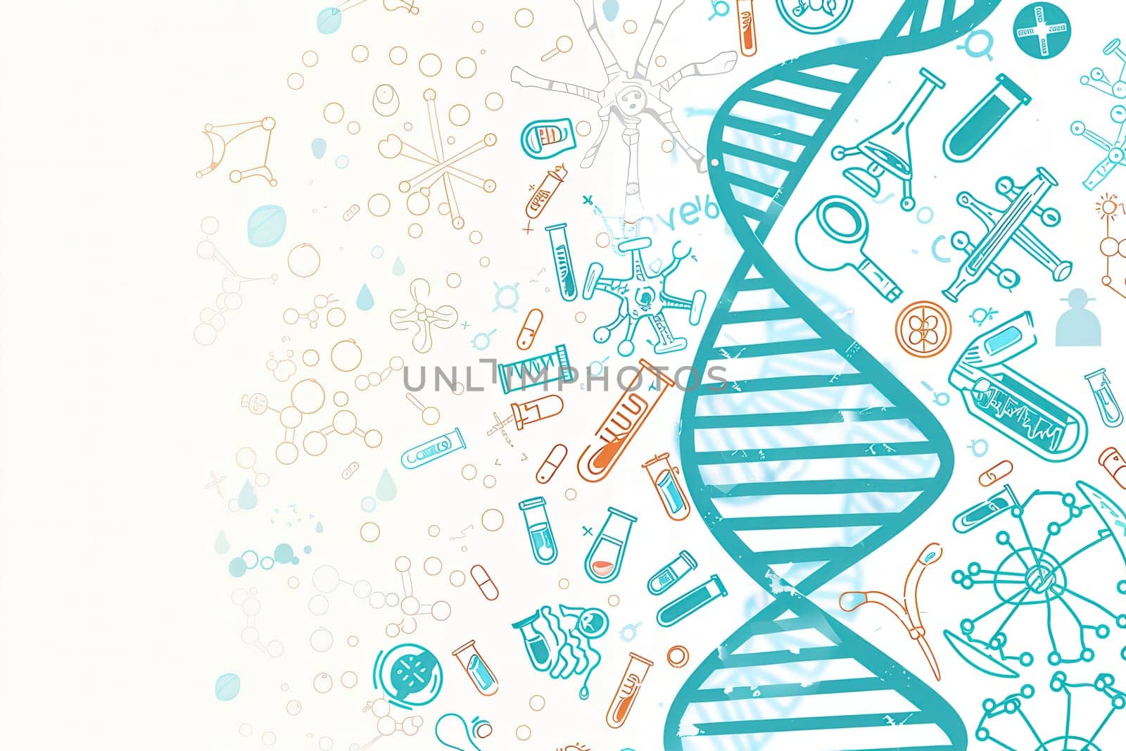 A double helix DNA strand is surrounded by various medical icons, symbolizing genetic research and advancements in science.