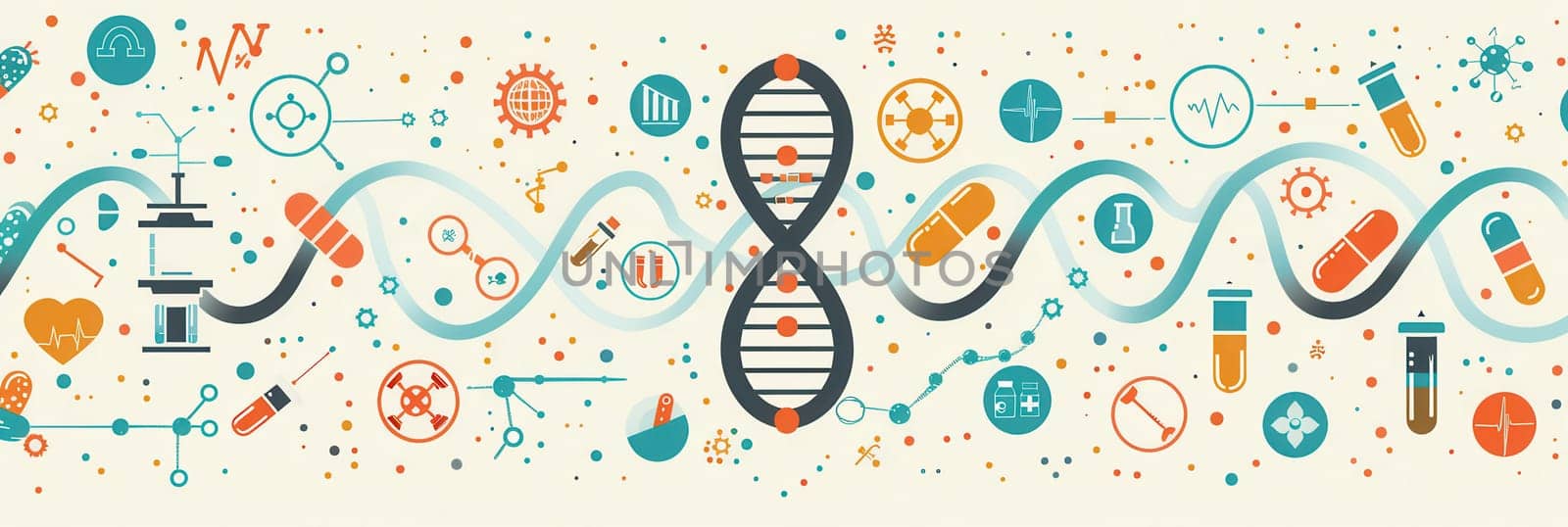 A double helix DNA strand is surrounded by various medical icons, highlighting the intersection of genetics and modern medicine through scientific tools.