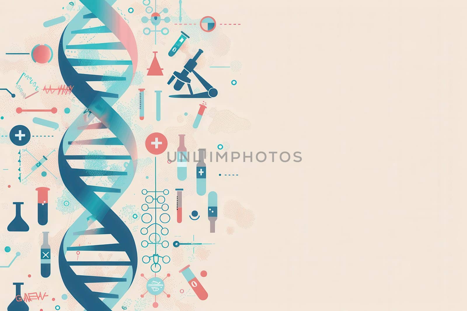 A vibrant double helix DNA strand is surrounded by medical icons, including microscopes, test tubes, and stethoscopes, representing healthcare research.