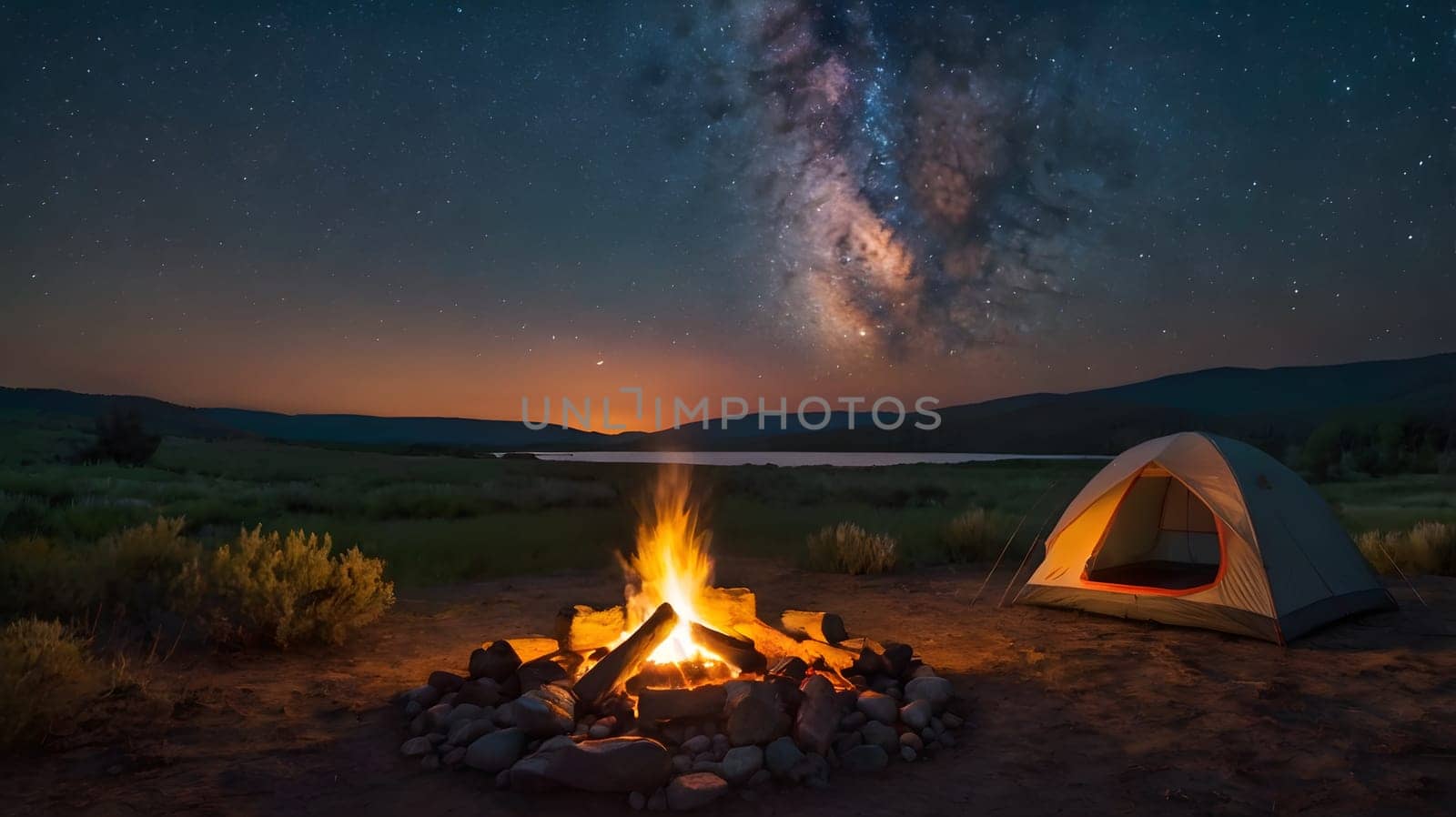 A serene camping spot features a glowing campfire surrounded by rocks, illuminating the dark terrain. A tent is pitched nearby, while a stunning view of the starry sky showcases the Milky Way above. The peaceful atmosphere invites relaxation and connection with nature.