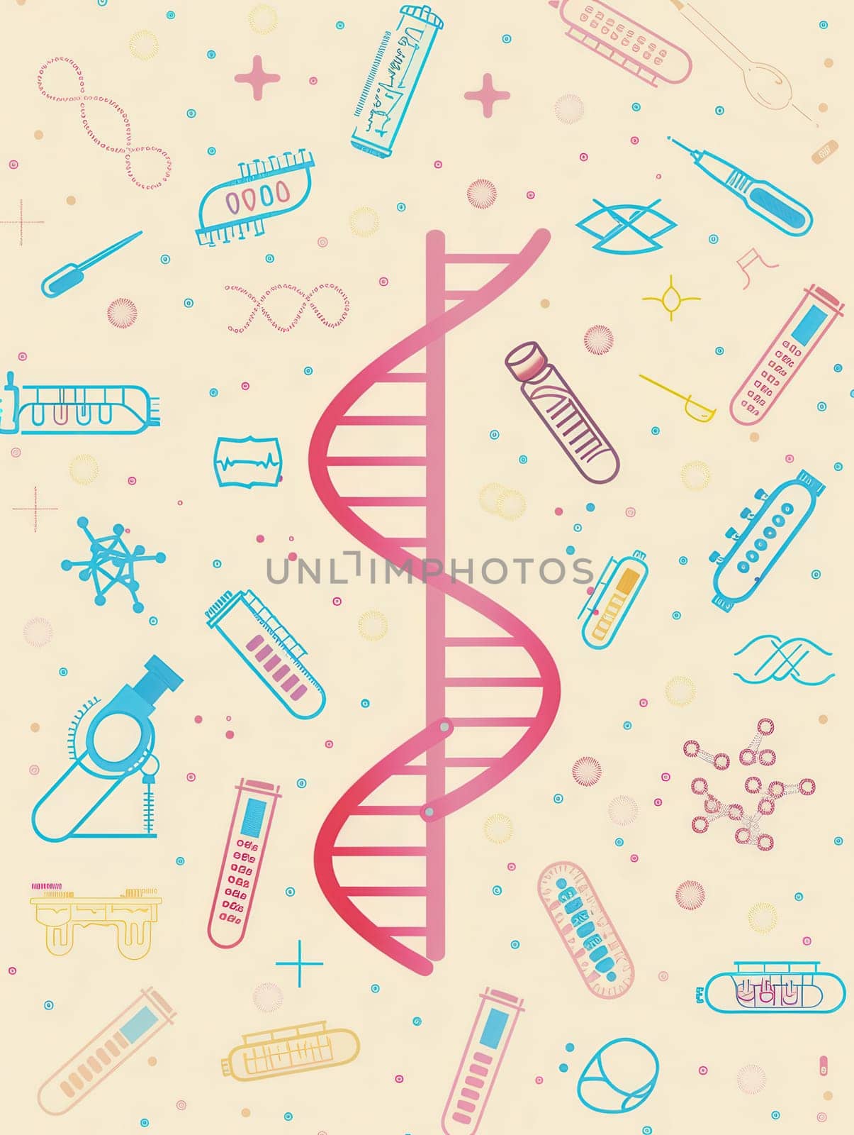 A double helix DNA strand is prominently displayed with various medical icons like microscopes and test tubes in a laboratory environment.